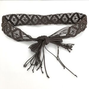 Women’s Boho Macrame Woven Fringe Statement Belt Tie Front Brown Coastal Cowgirl